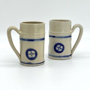 Williamsburg Pottery Stoneware Salt Glazed Coffee Mug Tankard Stein Flower Set 2